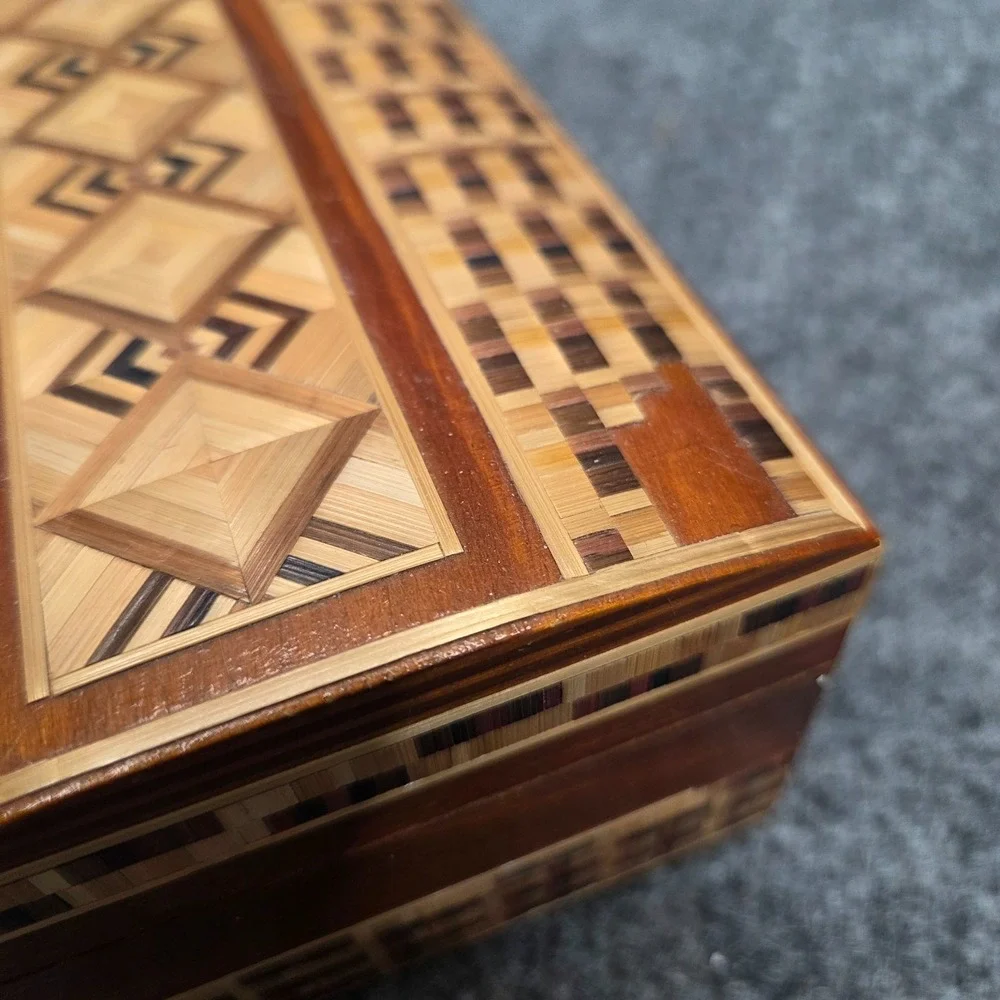 2 Vintage Hand Carved Wooden Trinket Box with‎ Straw Ornament USSR RUSSIA